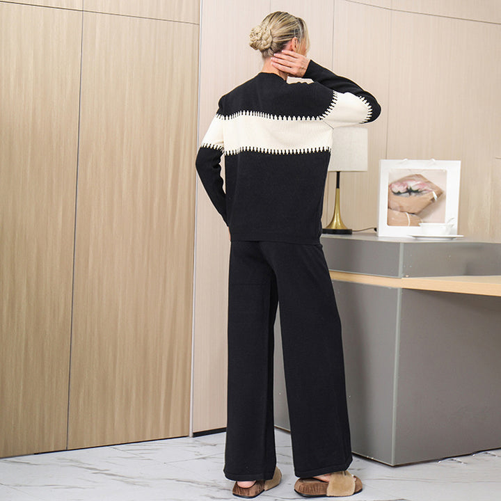 Damen gemütliches Strick-Loungewear-Set mit elegantem Strukturmuster und weitem Bein Drune