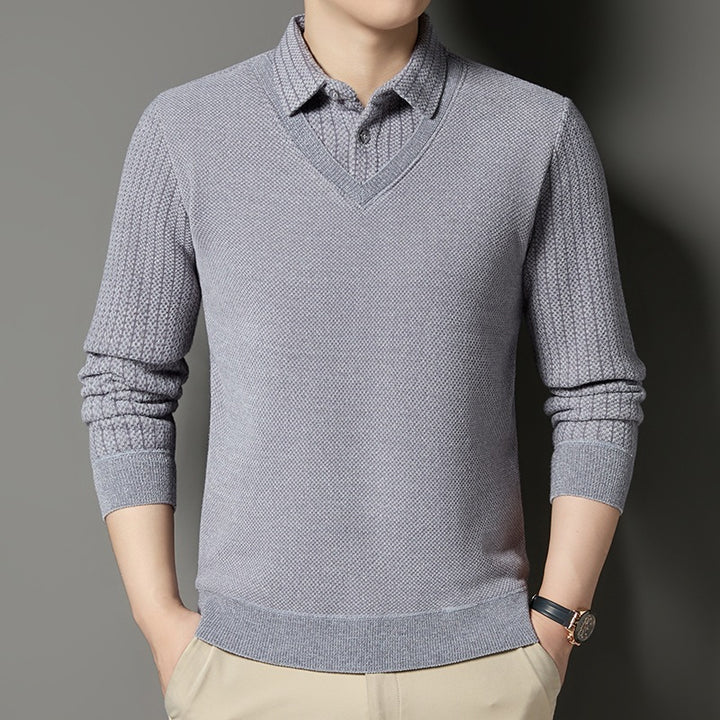 Herren Feinstrick-Pullover mit V-Ausschnitt und integriertem Polokragen Drune