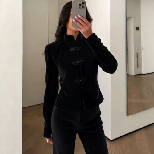 Damen Kurze Jacke im Mandarin‑Stil mit Stehkragen und dekorativen Froschverschlüssen Drune