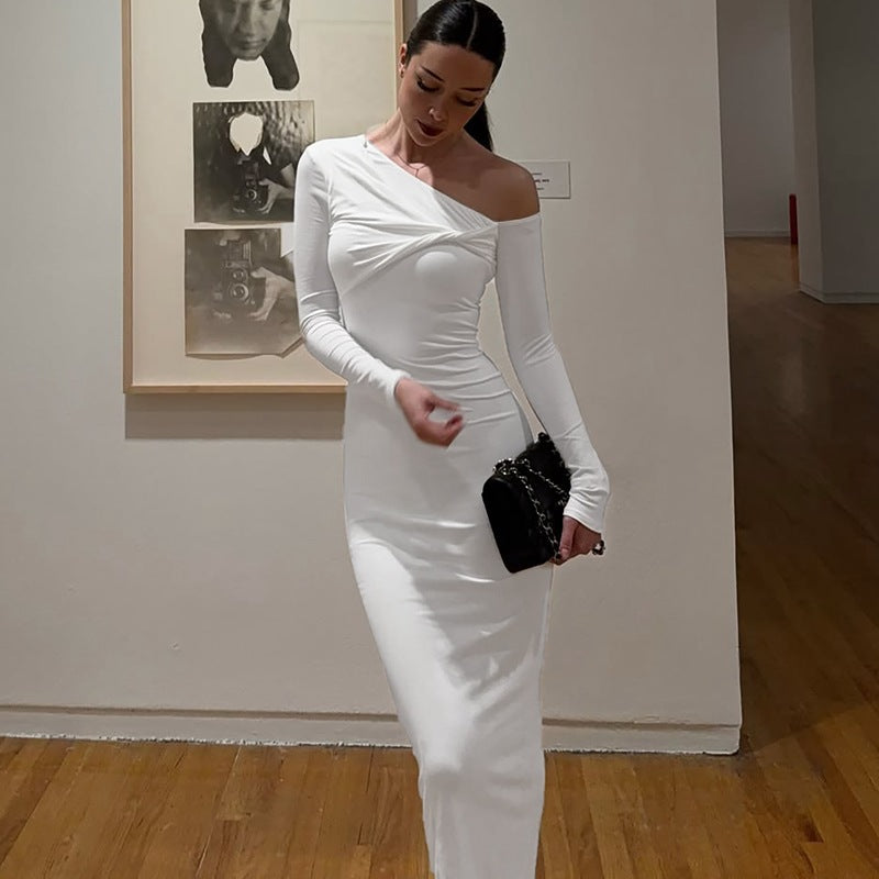 Damen Elegantes langärmliges Kleid mit asymmetrischem Ausschnitt Drune