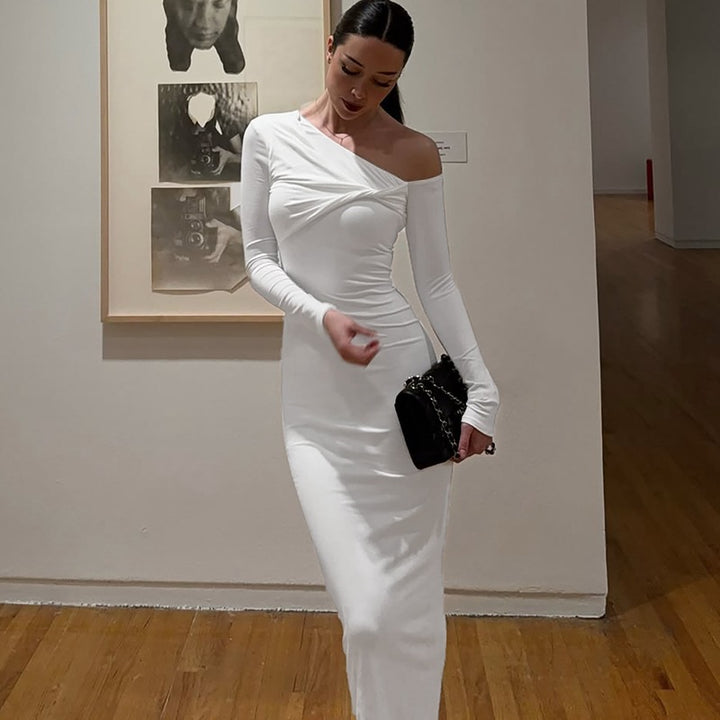 Damen Elegantes langärmliges Kleid mit asymmetrischem Ausschnitt Drune