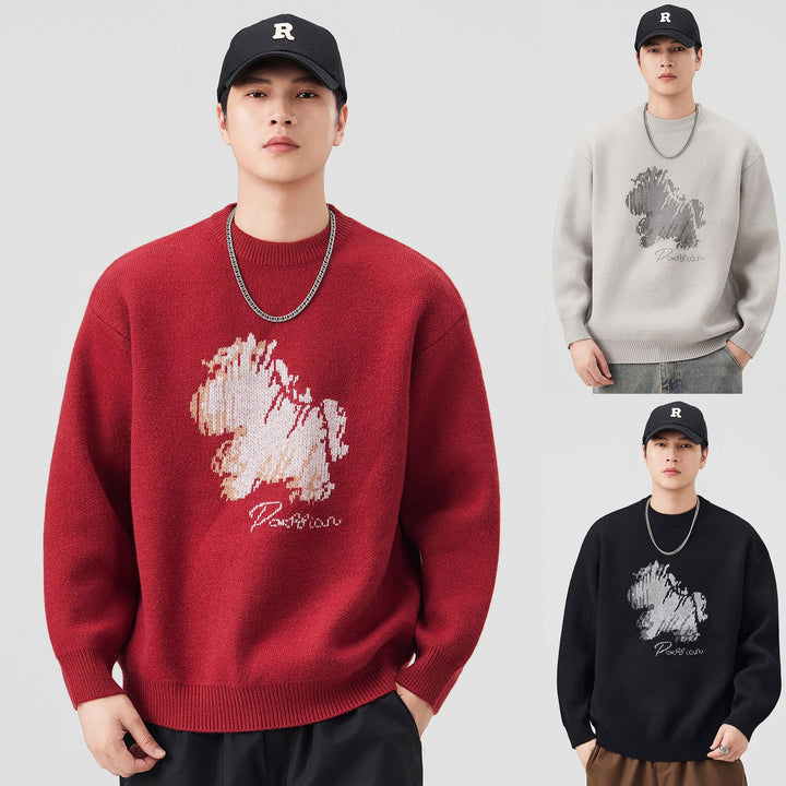 Herren Modischer Grobstrickpullover mit kreativer Tiermotiv-Applikation Drune