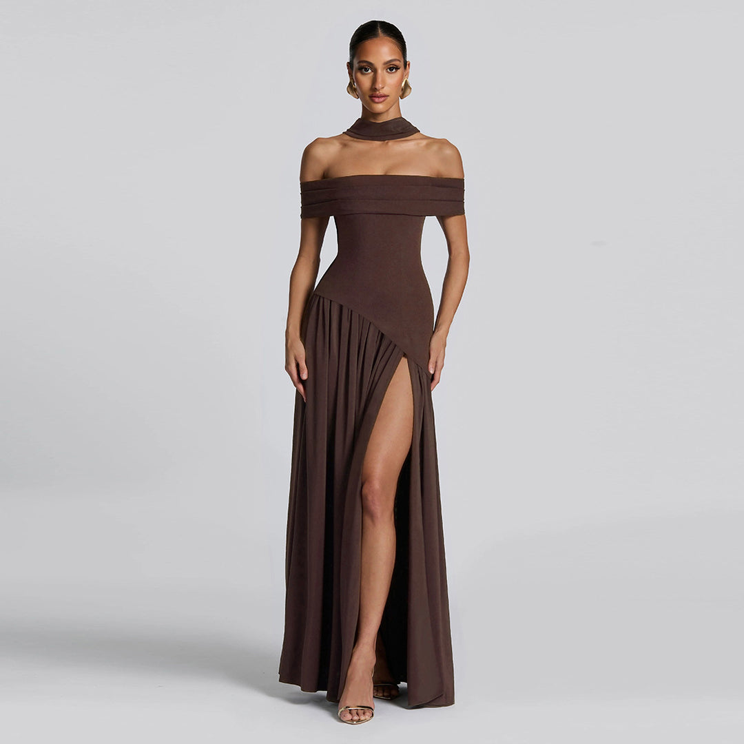 Damen Abendkleid mit schickem Schulterfreies Design und hohem Schlitz Drune