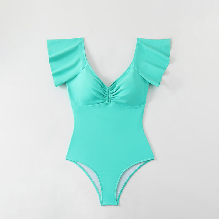 Damen Eleganter Einteiler Badeanzug mit dekorativen Rüschen Drune