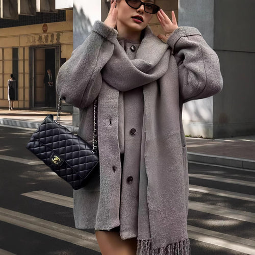 Damen elegante und warme Wickeljacke mit Schalkragen und Fransen Drune