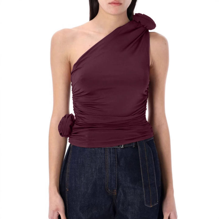 Damen asymmetrisches Top mit Raffungen und floralem Detail Drune