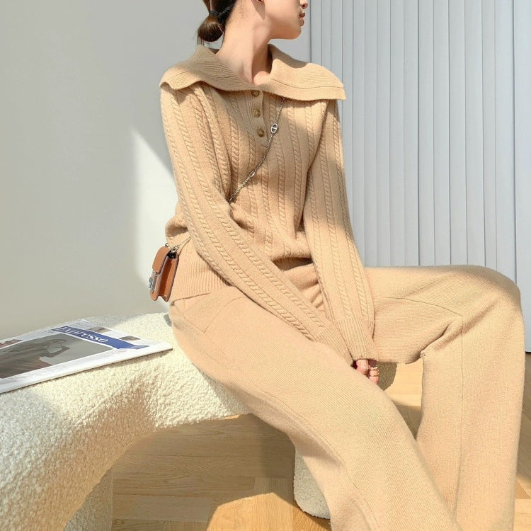 Damen Strickpullover mit weitem Kragen und Knopfleiste Drune