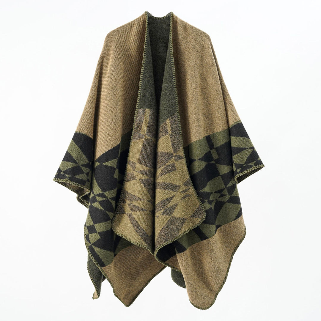 Damen Großer Strickponcho im Cape‑Schnitt mit Ziernaht und geometrischem Intarsia Drune