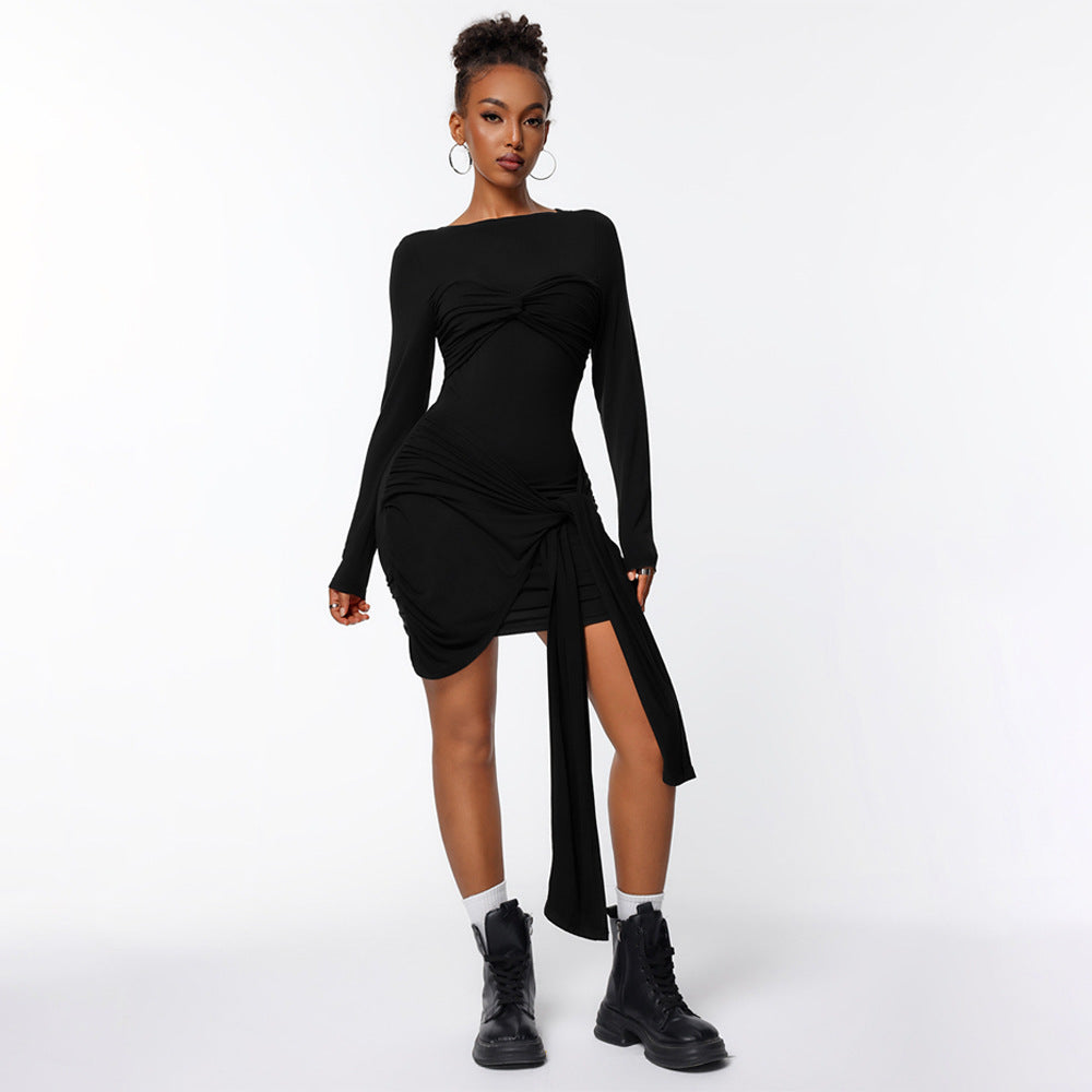 Damen figurbetontes Minikleid mit asymmetrischer Knotendrapierung, taillierter Raffung und langem Ärmelschal Drune