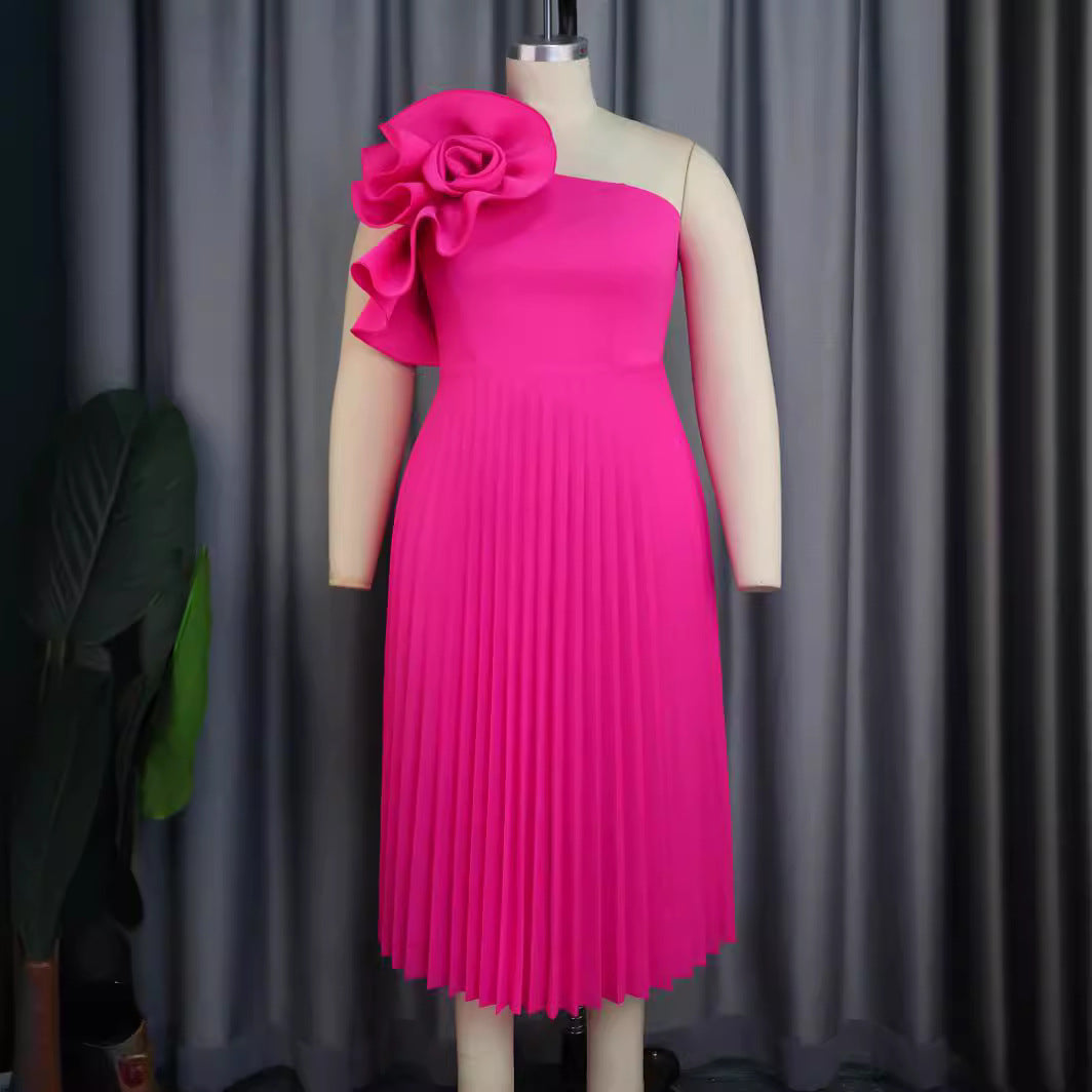 Damen Faltenrock Abendkleid mit asymmetrischem Schnitt und dekorativer Blütenapplikation Drune