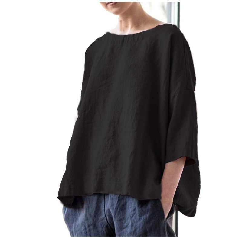 Damen Oversized Leinenbluse mit weitem Boxy‑Schnitt, U‑Boot‑Ausschnitt und 3/4‑Ärmeln Drune