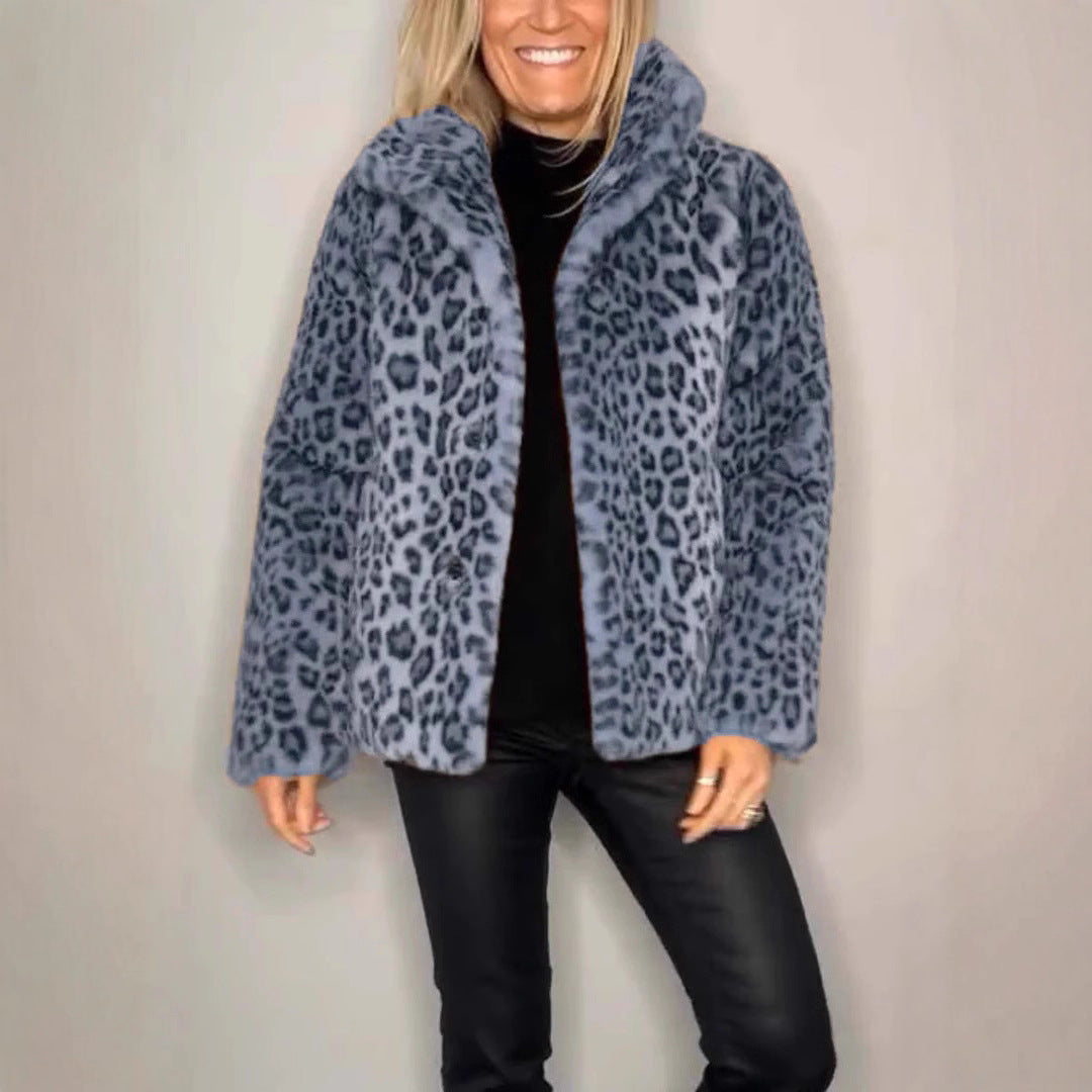 Damen Flauschige Leopardmuster Jacke mit hohem Kragen Drune