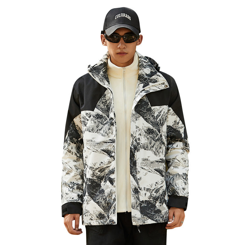 Damen Wasserfeste Outdoorjacke mit Kapuze und markantem Bergprint Drune