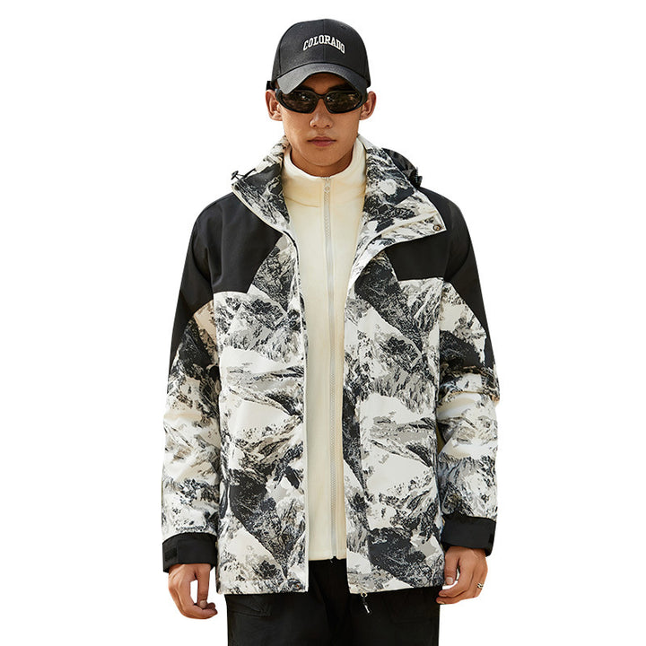 Damen Wasserfeste Outdoorjacke mit Kapuze und markantem Bergprint Drune