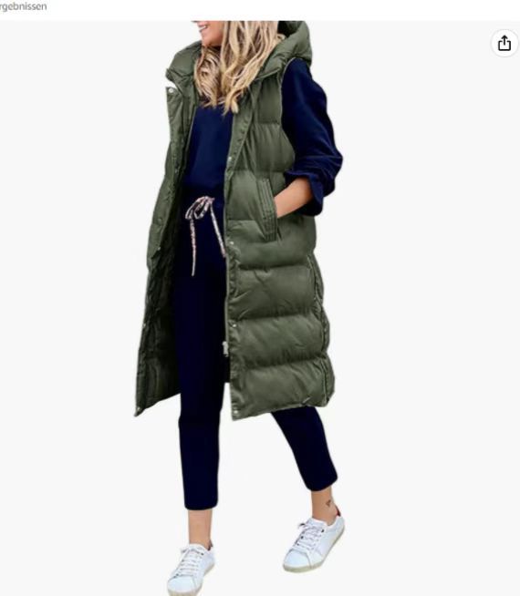 Damen Lange Steppweste mit Kapuze und seitlichen Taschen Drune