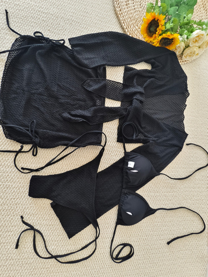 Damen Bikini-Set mit transparentem Wickeloberteil und hoch taillierten Shorts Drune