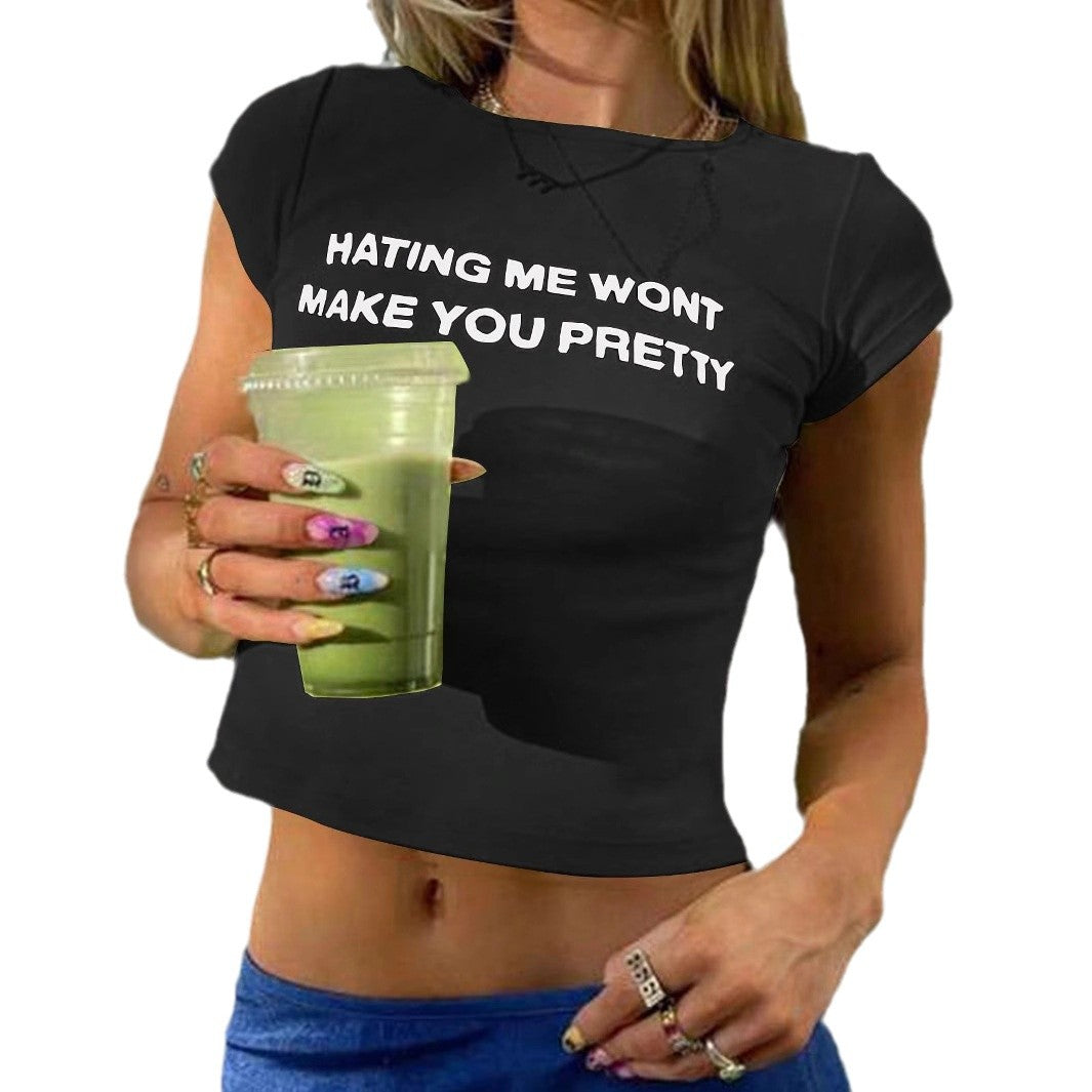 Damen Figurbetontes Crop-T-Shirt mit statement Schriftzug Drune