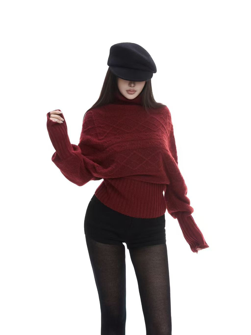 Damen Oversized Strickpullover mit hohem Kragen und strukturiertem Design Drune