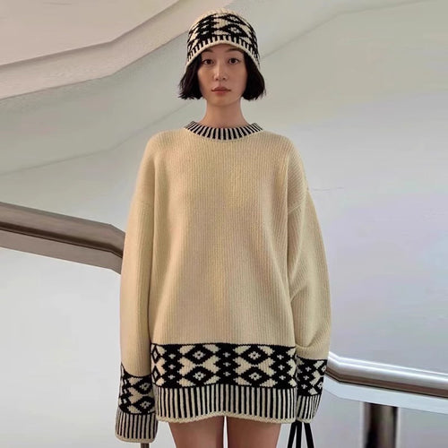 Damen gestrickter Oversize-Pullover mit auffälligem Muster Drune