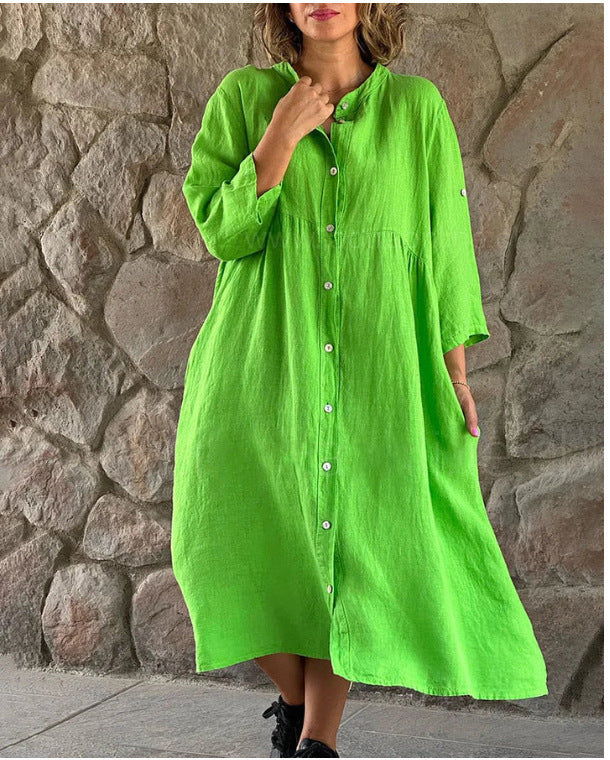 Damen Locker Midi Kleid aus Leinenmischung mit durchgehendem Knopfleiste und Seitentaschen Drune