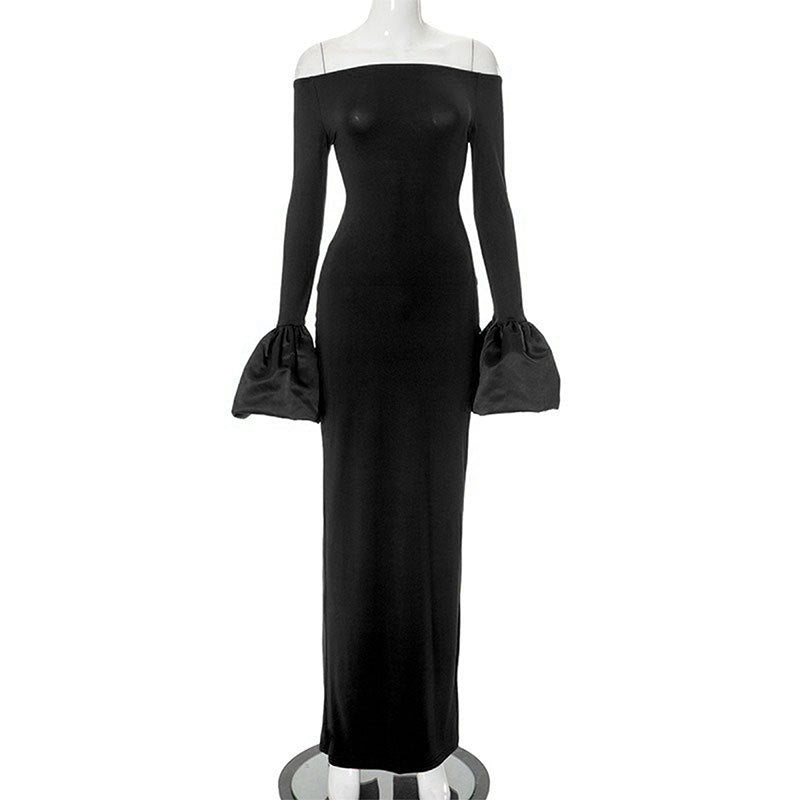 Damen Elegantes Langarm-Maxikleid mit Off-Shoulder-Ausschnitt und Rüschendetails Drune