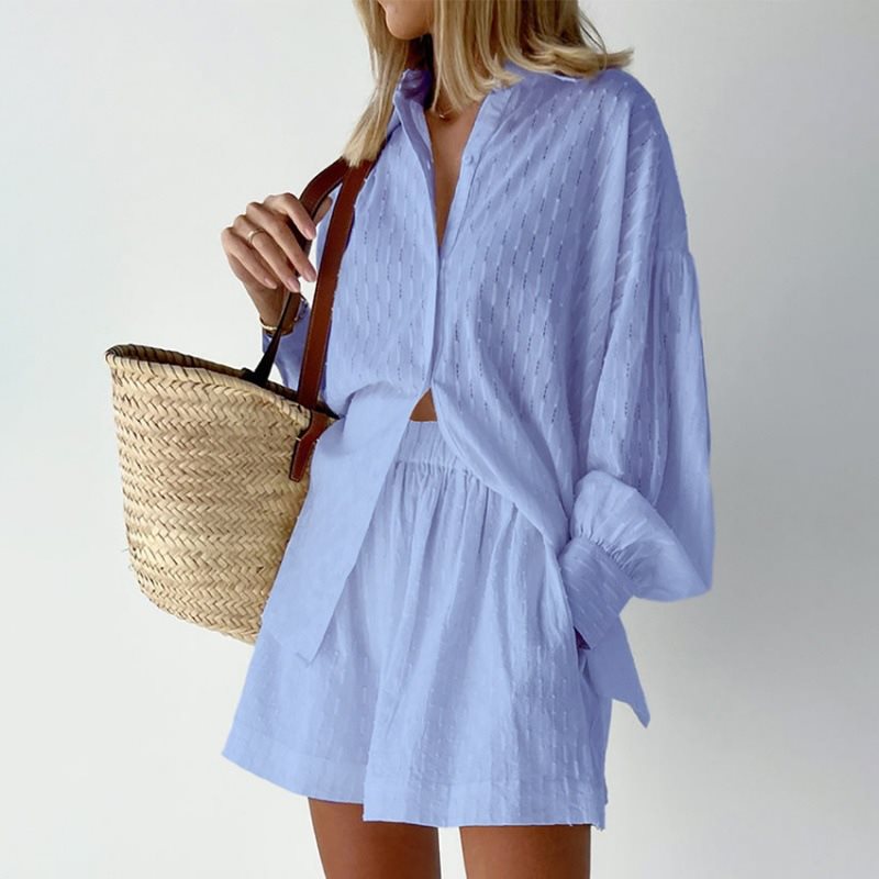Damen lässiges Oversized Hemd mit Struktur und kurzen Hosen Drune