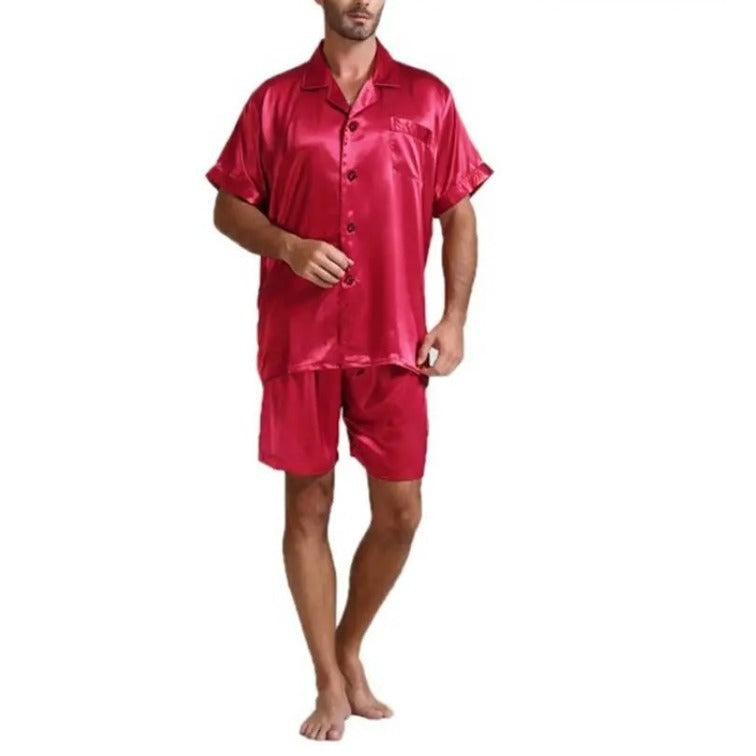 Unisex nan seidig-glänzendes Kurzarm-Pyjama-Set mit Hemdkragen und elastischem Bund Drune