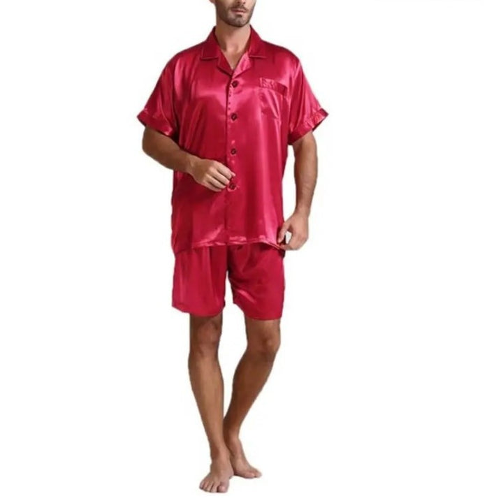 Unisex nan seidig-glänzendes Kurzarm-Pyjama-Set mit Hemdkragen und elastischem Bund Drune