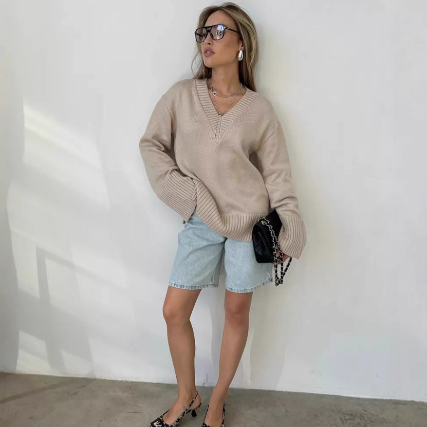 Damen nan oversized Feinstrickpullover mit tiefem V-Ausschnitt, gerippten Bündchen und lockerer Silhouette Drune