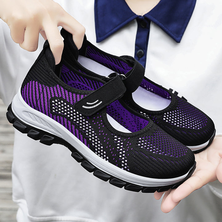 Damen nan atmungsaktive Strick-Mary-Jane Walkingsneaker mit Klettverschluss und dämpfender Leichtlaufsohle Drune