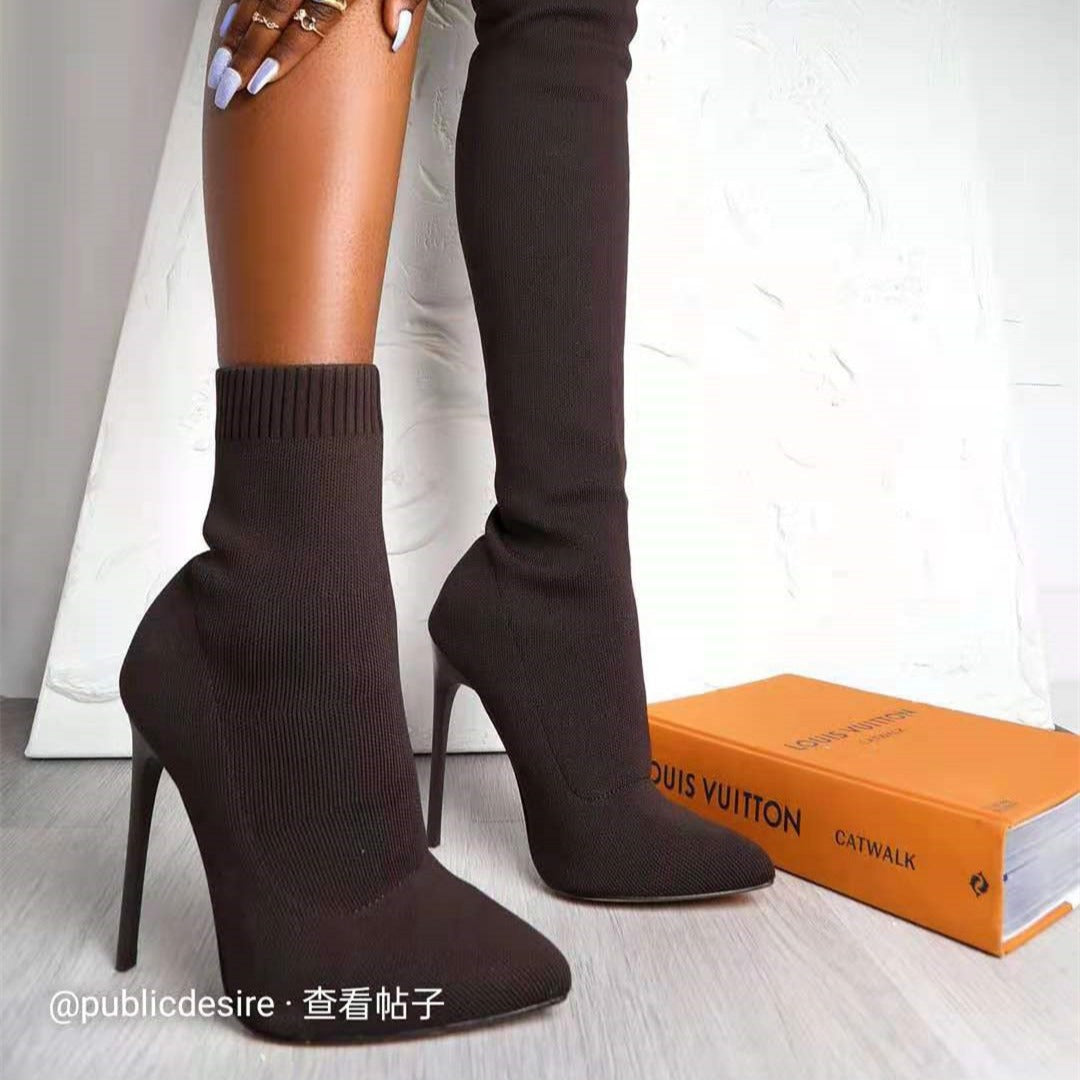 Damen Overknee-Stretch-Strickstiefel mit spitz zulaufender Schuhspitze Drune