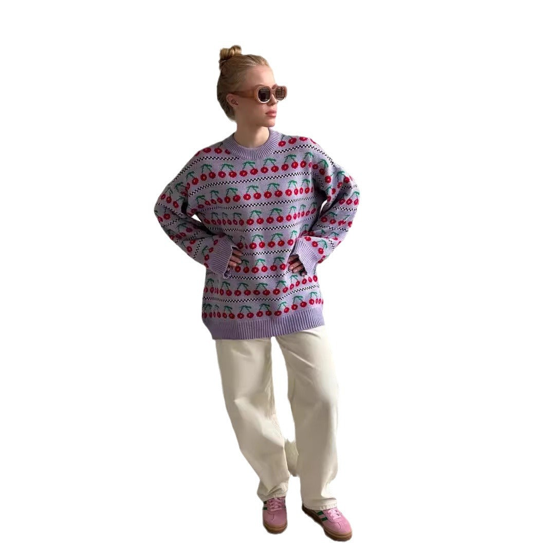 Damen trendiger Strickpullover mit fröhlichem Kirschmotiv Drune