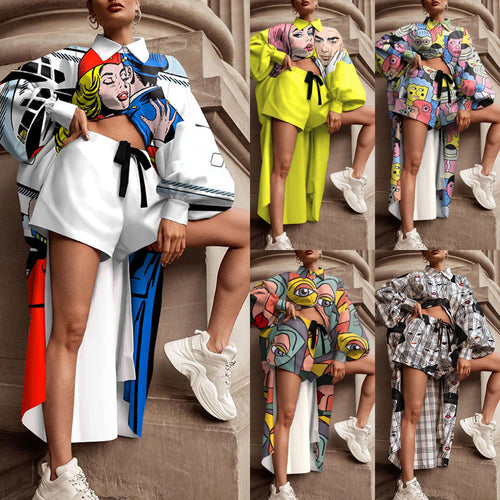 Damen Oversized Hemd mit grafischem Print und kurzer Hosenkombination Drune