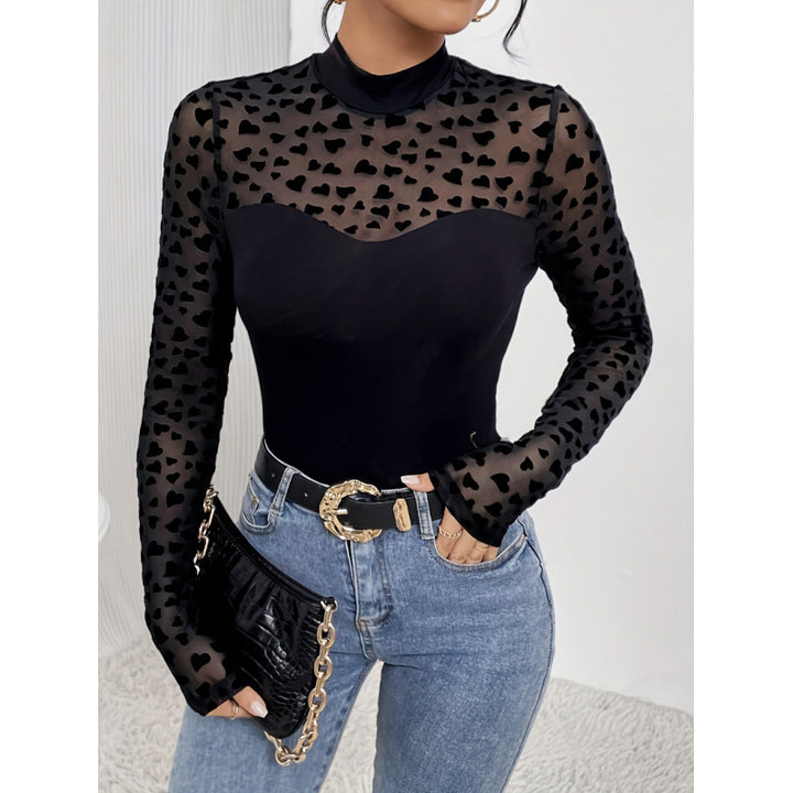 Damen Langarm-Body mit transparenten Herzen und elegantem Stehkragen Drune