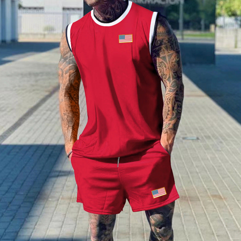 Herren sportliches Tanktop und Shorts-Set mit dekorativem Flaggenmotiv Drune