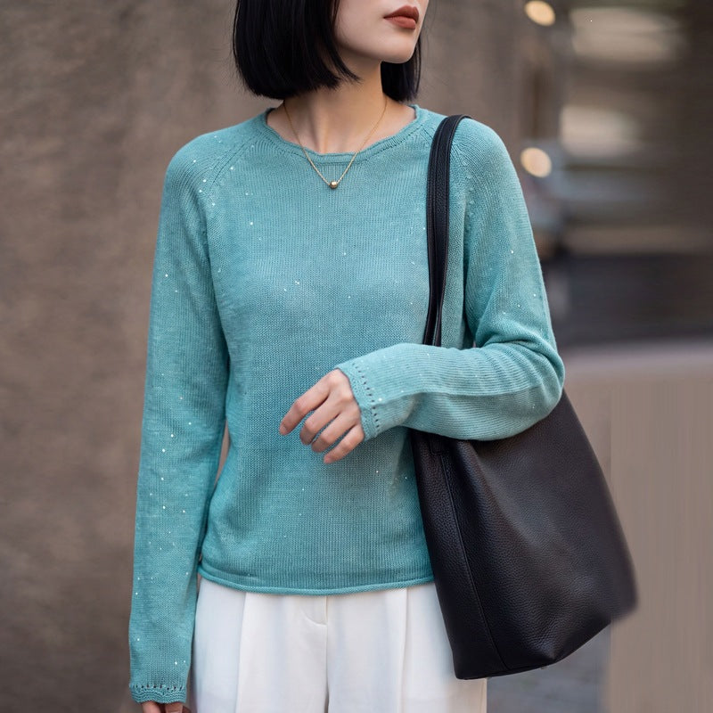 Damen leichter Feinstrickpullover mit dezenter Glitzeroptik und Raglanärmeln Drune