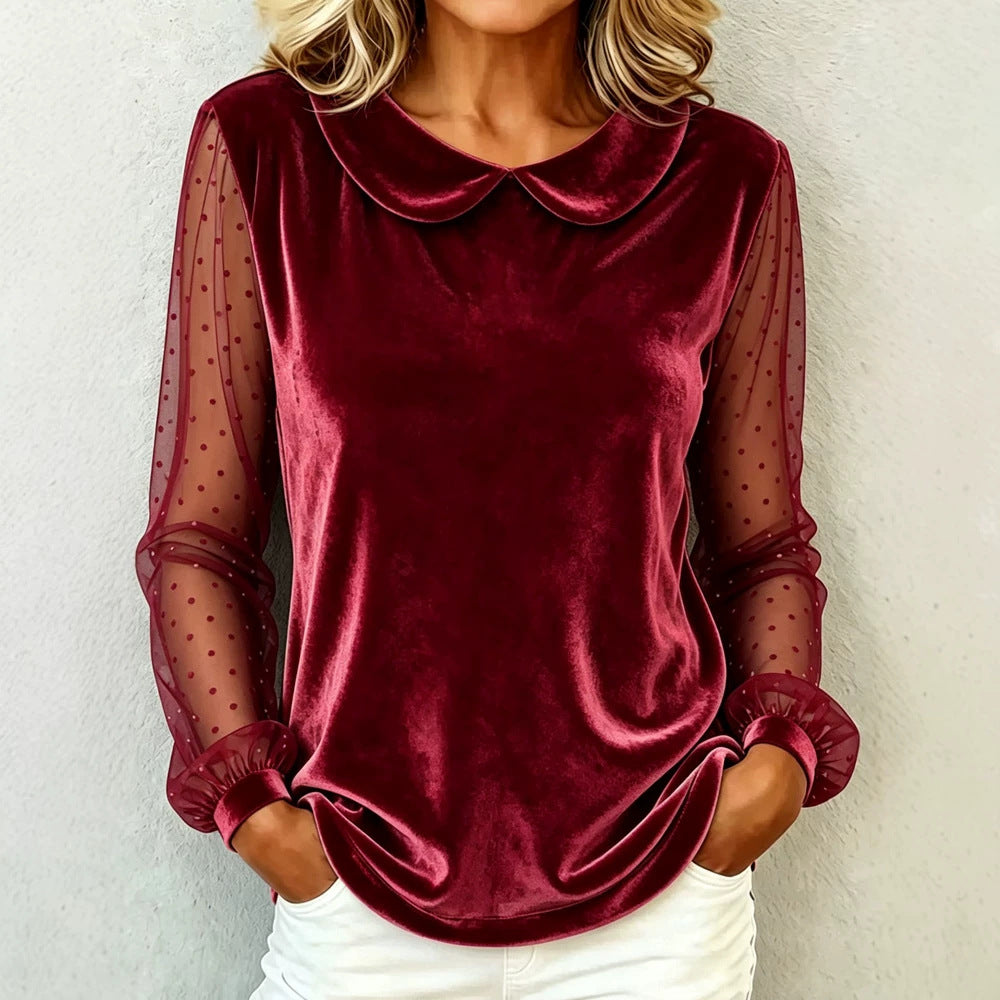 Damen Kuschelige Samtbluse mit Peter-Pan-Kragen und gepunkteten Mesh-Ärmeln Drune