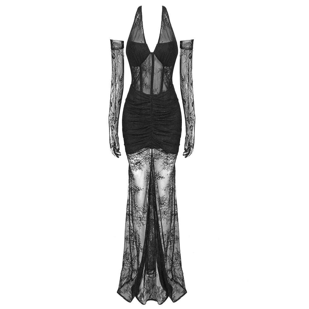 Damen elegantes Spitzenkleid mit langem Ärmel und raffinierten Falten Drune