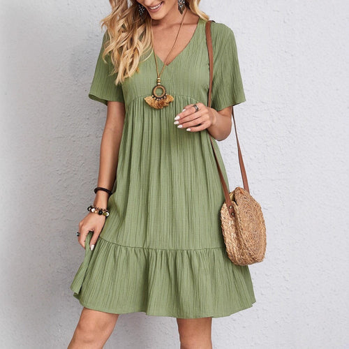 Damen nan Crinkle-Sommerkleid mit V-Ausschnitt, Empirenaht und Volant-Saum Drune