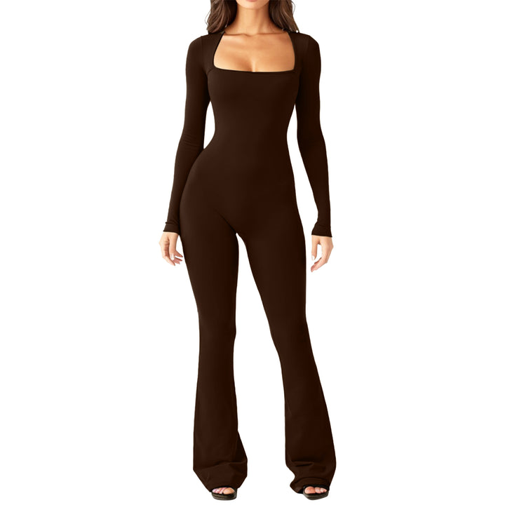 Damen figurbetontes Jumpsuit mit quadratischem Ausschnitt, langen Ärmeln und ausgestellt Bein Drune