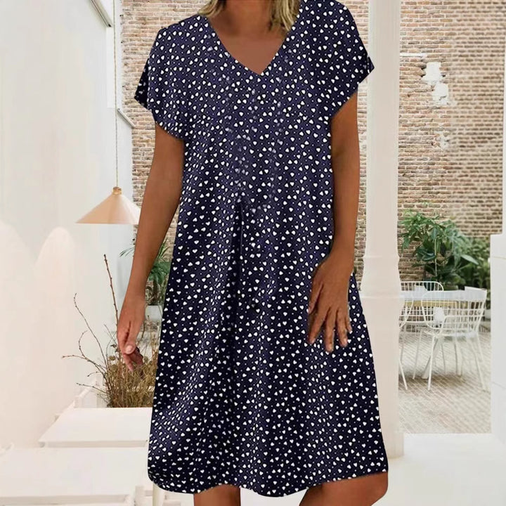 Damen nan locker fallendes V-Ausschnitt-Kurzkleid mit A-Linien-Schnitt, Cap-Ärmeln und Allover-Herzchenprint Drune