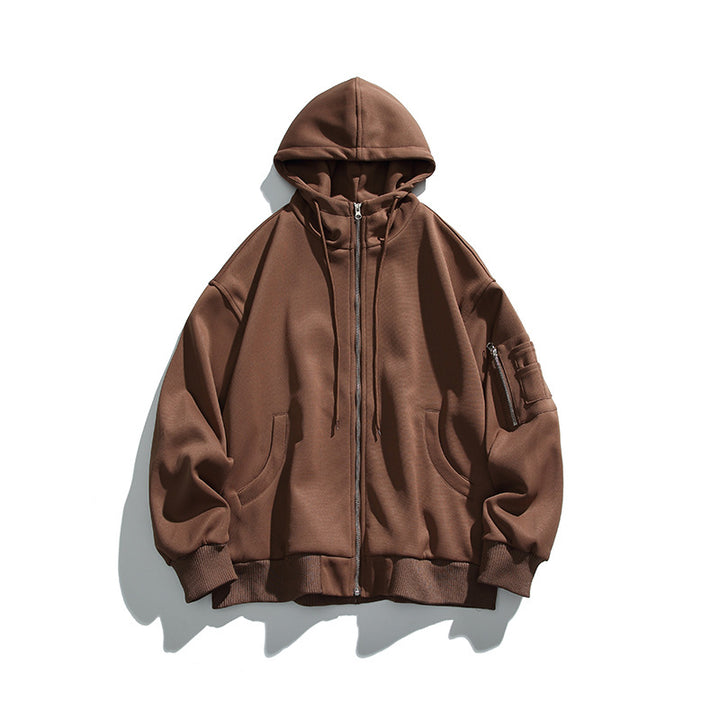 Unisex Oversize-Kapuzenjacke mit Frontreißverschluss, Ärmeltasche und geripptem Saum Drune