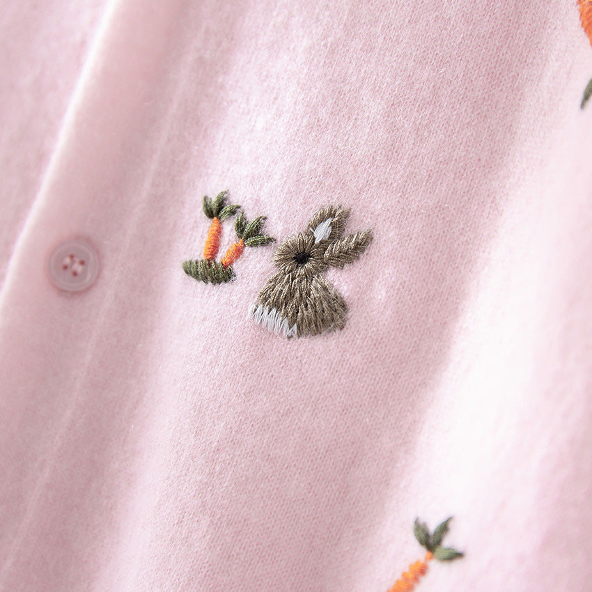 Damen Geknöpfte Feinstrick‑Cardigan mit Hasen‑ und Karottenstickerei Drune