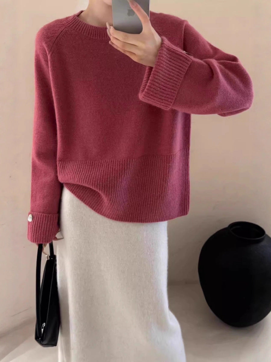 Damen Oversize-Rundhalspullover mit verlängerten Manschetten und Zierknopf Drune