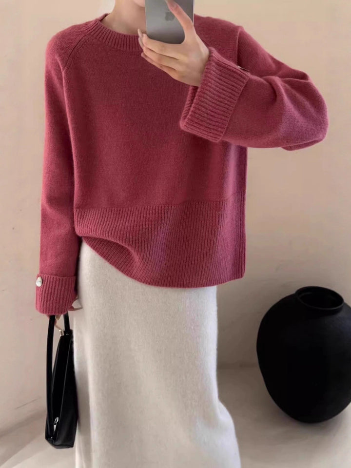 Damen Oversize-Rundhalspullover mit verlängerten Manschetten und Zierknopf Drune