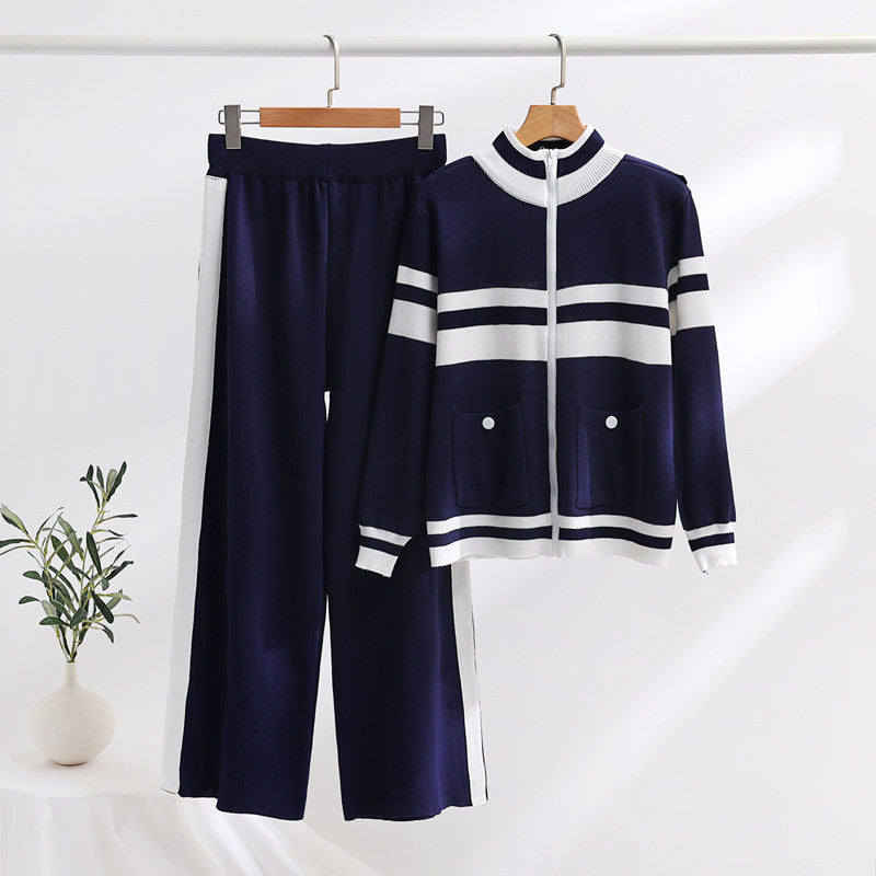 Damen sportliches Strick-Jacke und Hose Set Drune