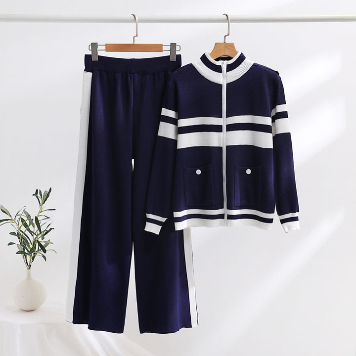 Damen sportliches Strick-Jacke und Hose Set Drune