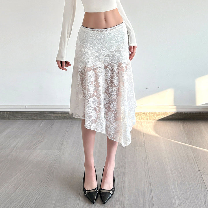 Damen eleganter Spitzenrock mit asymmetrischem Schnitt Drune