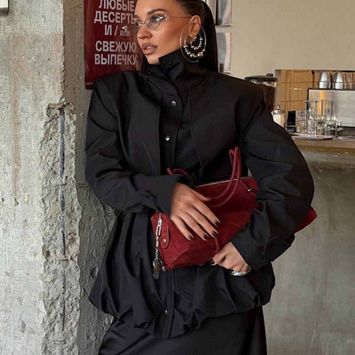 Damen Sculpturaler Boxy-Blouson mit hohem Stehkragen und gerafftem Volumenbund Drune