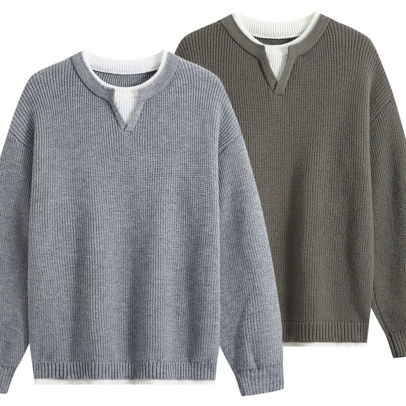 Herren Oversize-Strukturstrick-Pullover mit V‑Einsatz am Rundhals Drune